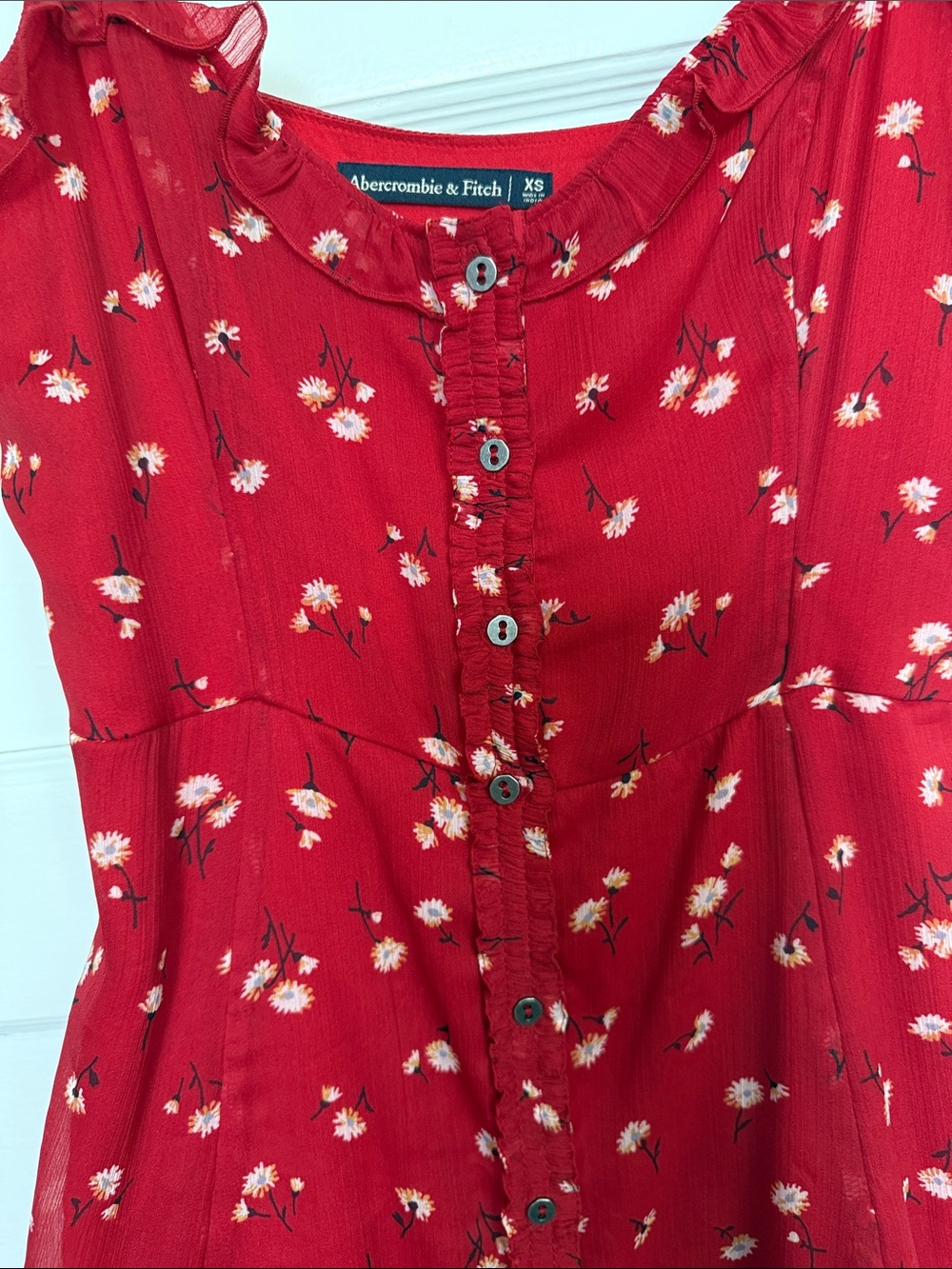 Abercrombie & Fitch Red Floral Ruffle-Neck Cottagecore Boho Dress Sz XS - Picture 5 of 11